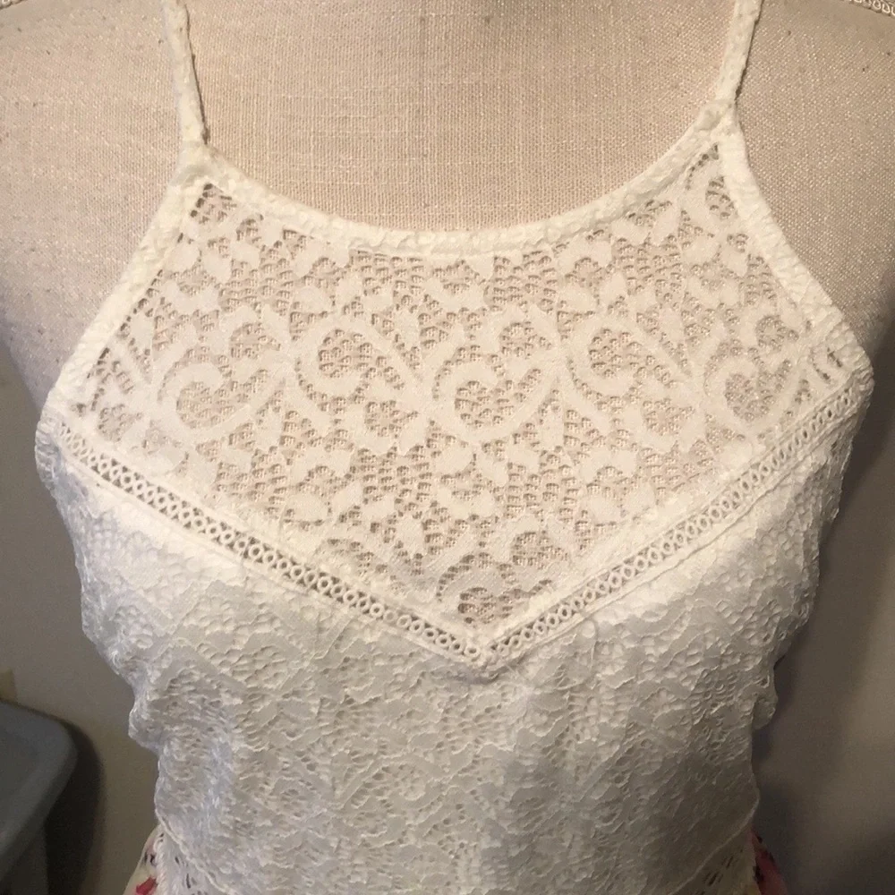 By & By fitted crochet bodice, print skirt. Sz 13